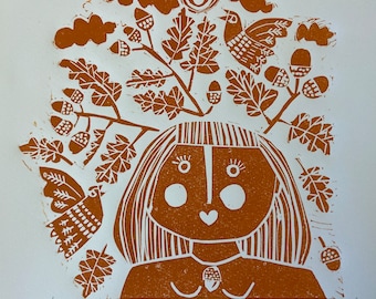 A Girl Called Autumn, original linocut, lino print