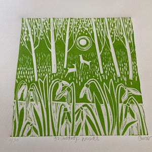Snowdrop Woods, limited edition linocut artwork