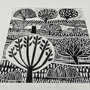 Burton Bushes linocut, Lino print, relief print