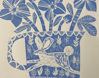 Spring Jug featuring a rabbit and hellebores, limited edition linocut.