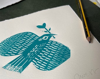 Love Bird, lino print, relief print, bluebird