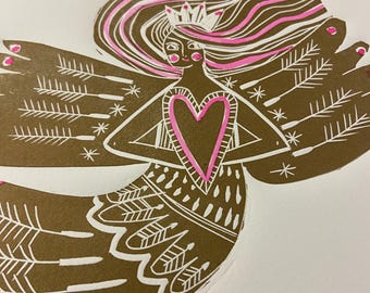 Golden Angel, limited edition linocut artwork