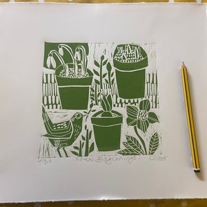 Nuevos comienzos, edición limitada, linograbado, impresión lino, Primavera imagen 3