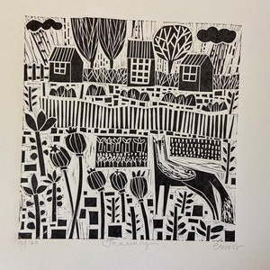 Impression en relief d'attribution de janvier, édition limitée, linogravure, impression lino