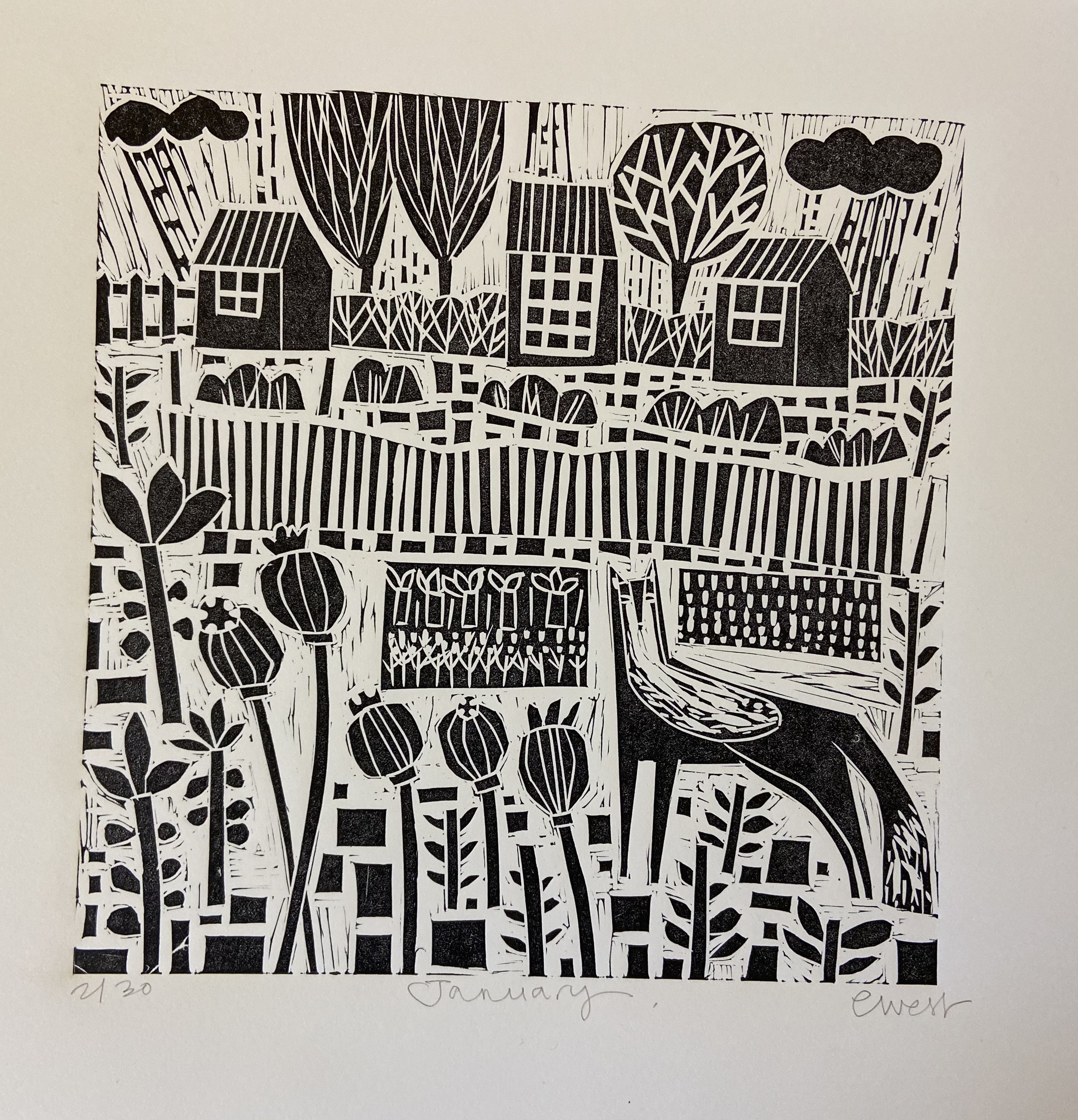 January Allotment relief print, limited edition, Linocut, Lino print