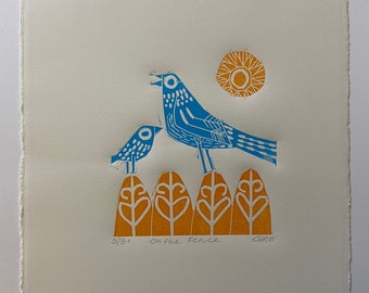 On the Fence, limited edition handmade linocut artwork