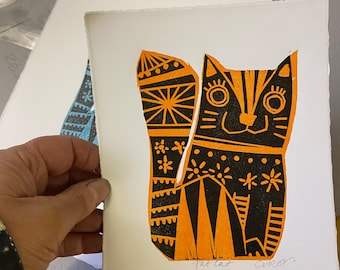 Fat Cat, linocut, lino print