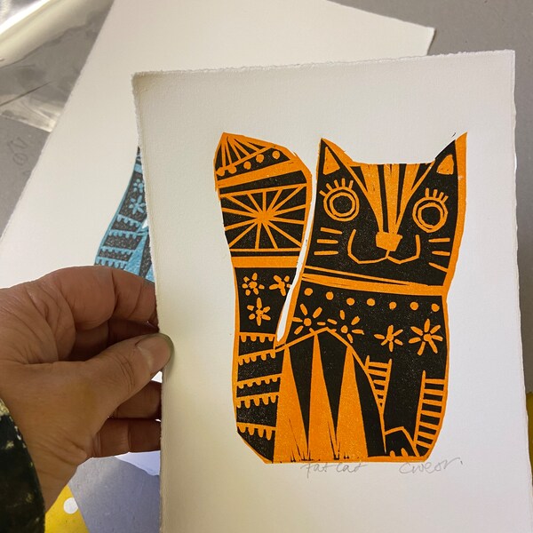 Fat Cat, linocut, lino print