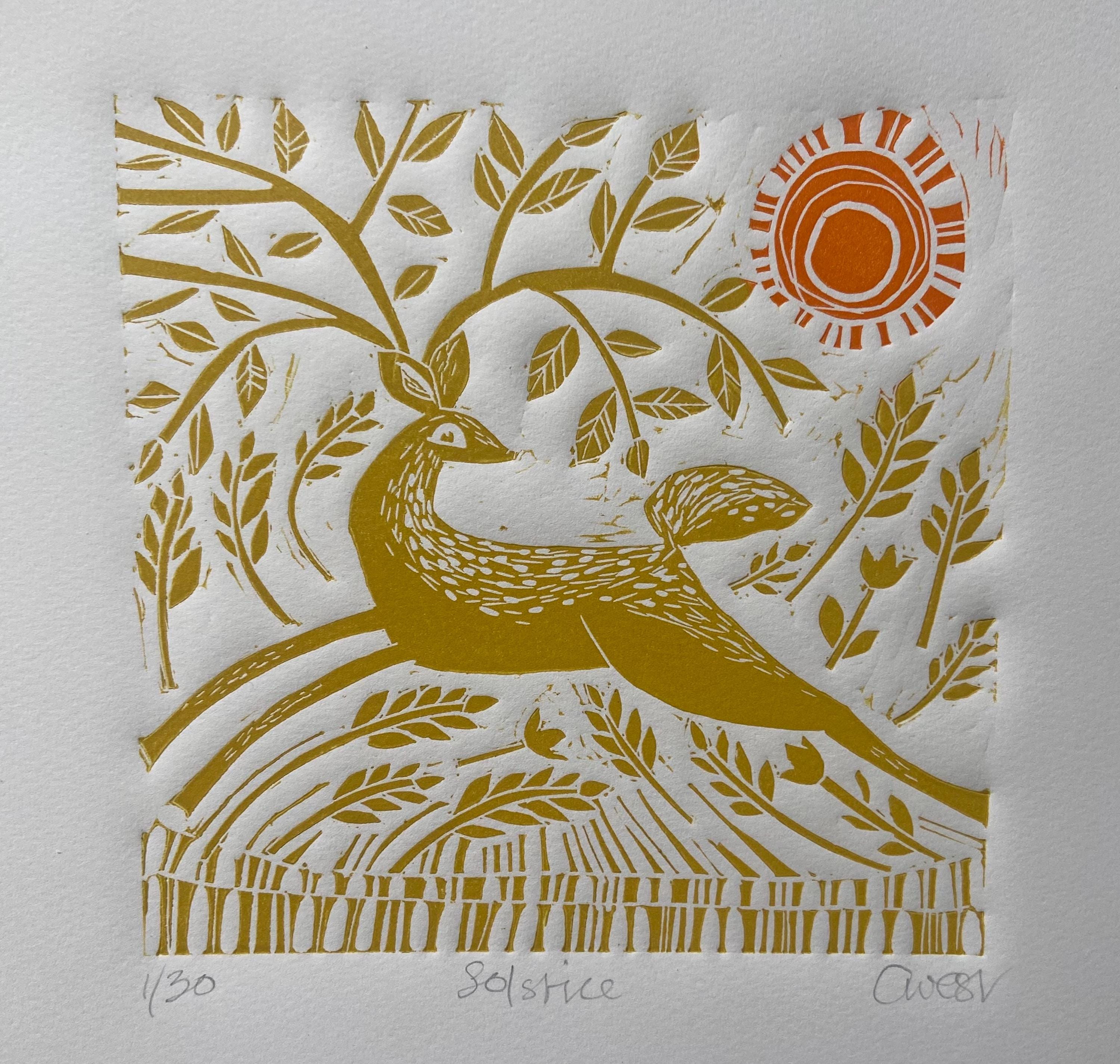 Solstice, limited edition handmade linocut artwork featuring Deer