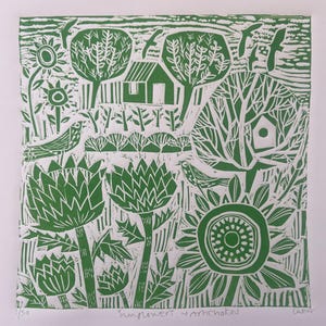 May include: Green and white linocut print depicting a garden scene with sunflowers, artichokes, trees, birds, and a small house. The print includes the text "Sunflowers & Artichokes" and is numbered 1/30.