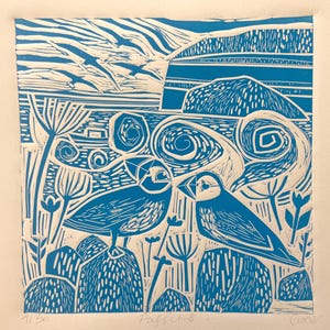 Puffins, original limited edition linocut artwork.