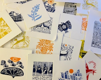 Lucky Dip, three slightly imperfect lino prints