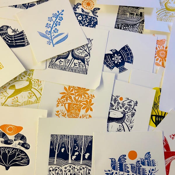 Lucky Dip, three slightly imperfect lino prints