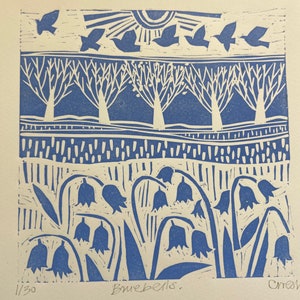 Bluebells, linocut artwork