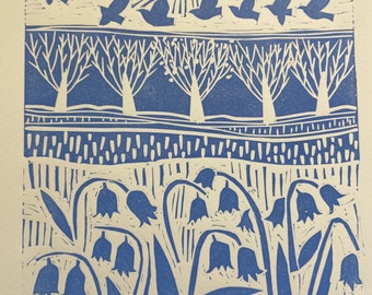 Bluebells, linocut artwork