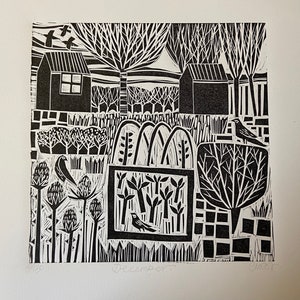 Linosnede in beperkte oplage van december, geïnspireerd op mijn lokale volkstuinen, linoprint, reliëfprint