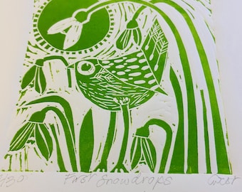 First Snowdrops, limited edition linocut artwork.