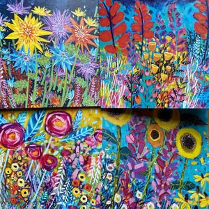 May include: A set of four square paintings featuring vibrant floral scenes. The top left shows yellow, purple, and blue star-shaped flowers. The top right displays red and yellow blooms. The bottom left depicts pink roses. The bottom right shows yellow sunflowers.