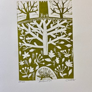 Autumn, Hedgehog, linocut, lino print