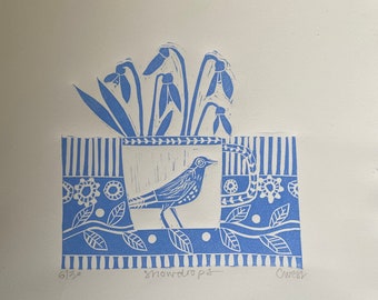 Snowdrops, limited edition linocut artwork.