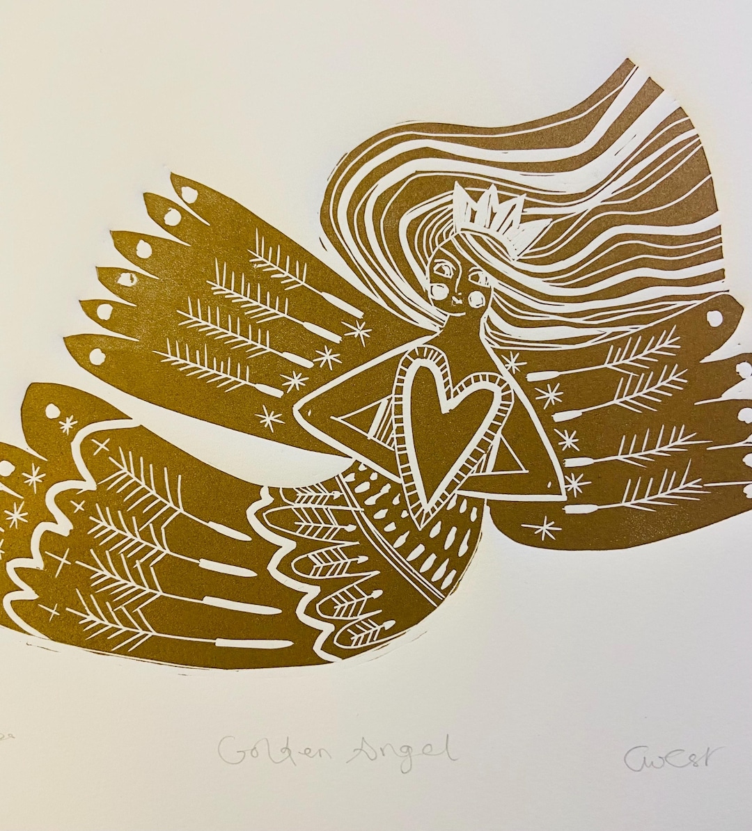 Golden Angel, Limited Edition Linocut Artwork - Etsy