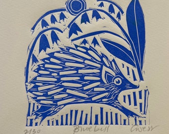 Bluebell, originales Linolschnitt-Kunstwerk
