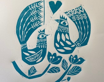 Blue Birds, Lino print, relief print, linocut