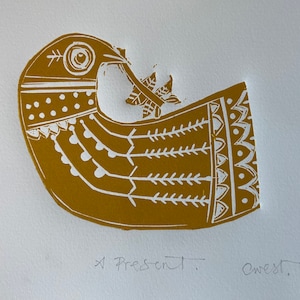 A Present, Mustard Bird, Linocut, Hornsea Pottery inspired