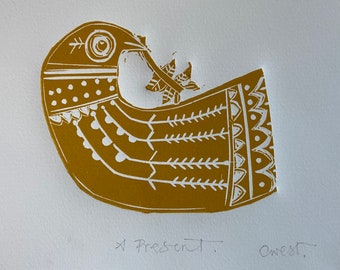 A Present, Mustard Bird, Linocut, Hornsea Pottery inspired