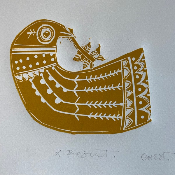 A Present, Mustard Bird, Linocut, Hornsea Pottery inspired