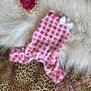 Pink Houndstooth Romper, Small Dog Romper, Chihuahua, Yorkie, Poodle, Soft Fleece Romper. Dog PJ’s, Dog Pajamas