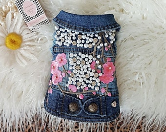 Small Dog Denim Cherry Blossom Pearls and Crystal Vest