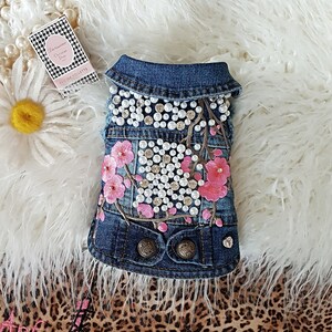 Small Dog Denim Cherry Blossom Pearls and Crystal Vest