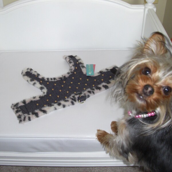 Glitter Denim Quilted Studded Faux Fur Lined Dog Harness