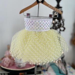 Small Dog Yellow Swiss DotTutu Skirt with Quilted White Satin and Crystal Waistband
