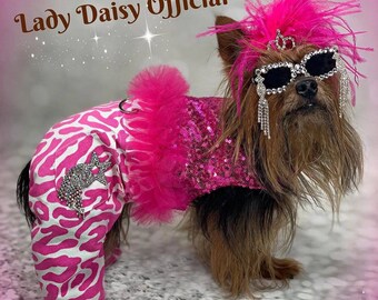 Small Dog Pantsuit, Tutu, Harness, Pink Sequins, Zebra, Denim