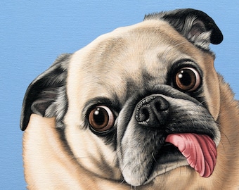 Custom Pet Portrait, XL Painting of Your Pet, Pug Dog Art, Funny Pug Dog Portrait, Funny Pug Pet Portrait, Hand-Painted Pug Mug Tongue