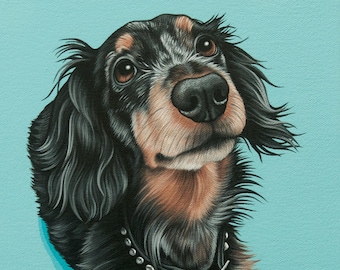 Custom Hand Painted Dog Portrait, Pop Pet Art, Long-Haired Dachshund Painting, Double Dapple dachshund Art, Custom Weiner Dog Portrait
