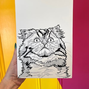 Hand Drawn Original Persian Cat Art, Persian Cat Line Art, Affordable Original Cat Art, Funny Persian Cat Portrait, Persian Cat Mom Gift