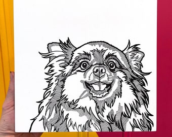 ポメラニアンの鉛筆画 – オリジナル白黒犬の肖像画（8 x 6インチ