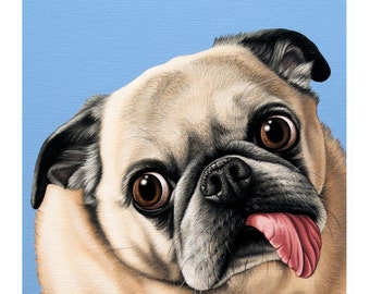 Pug Dog Archival Print, Cute Funny Pug Illustration, Affordable Pug Art, I Love My Pug Gift, Pug Tongue Out, Pug Mom, Pug Dad Painting