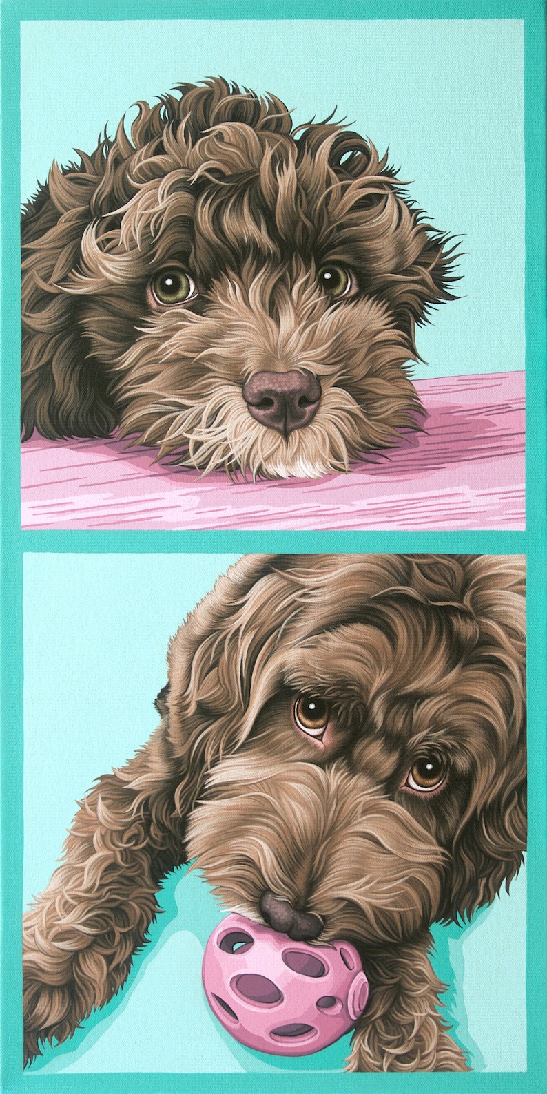 Contemporary Custom Pet Portrait, Painting of Dog as Puppy and Adult