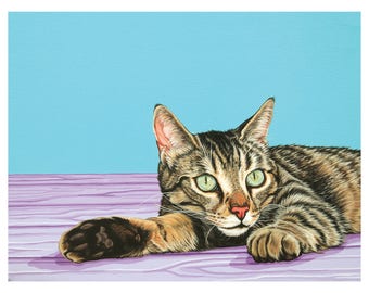 Liggende Tabby Cat Archival Art Print, Kleurrijke Hedendaagse Cat Print, Cadeau voor Cat Mom, Betaalbare Cat Art, Ik hou van mijn Tabby Kat, Kinderkamer