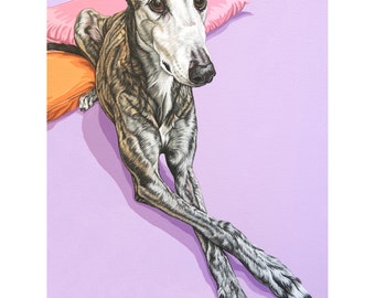 May include: A grey and brown dog with long legs is lying on a pink and orange pillow. The dog is looking at the camera with its head tilted to the side. The background is a light purple color.