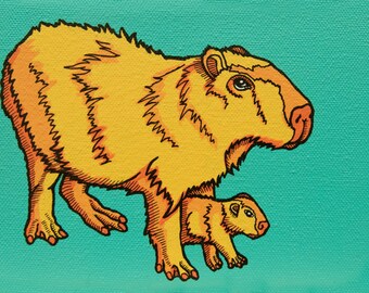 Popkonst Kapybara Arkivtryck, Kapybara Mamma och Baby, Prisvärd Barnkammarkonst, Kapybarakonst för Barnrum med Djurtema, Kapybarapresent