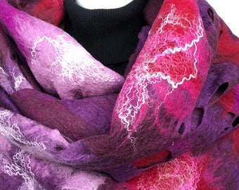 Purple pink felted scarf. Large handmade shawl for women.