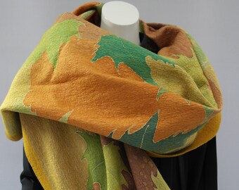 Wrap autumn felted silk scarf. Nunofelt shawl for women.