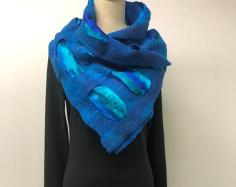 Blue scarf, silk& felt. Handmade wool and silk shawl for women.