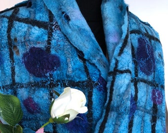 Blue felted scarf  for women. Handmade wool shawl.