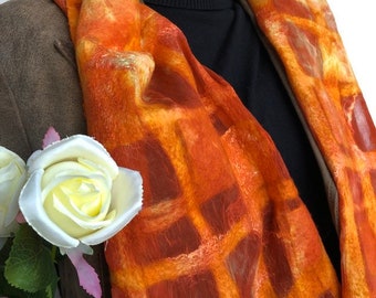 Orange felted silk scarf. Nuno felt shawl. Handmade for women.